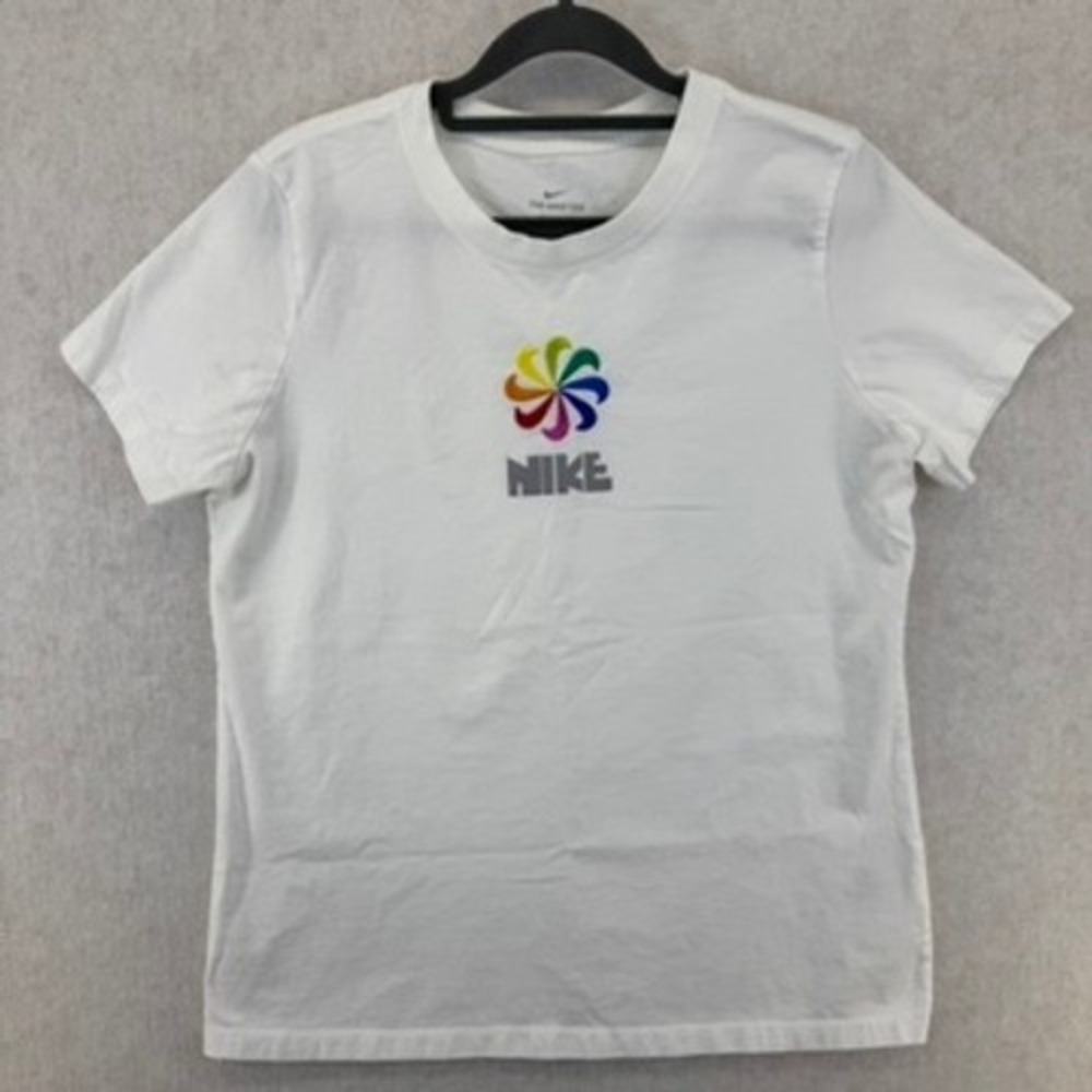 Nike Womens Large White Pride TShirt Rainbow Embroidered Swoosh Logo Graphic Tee